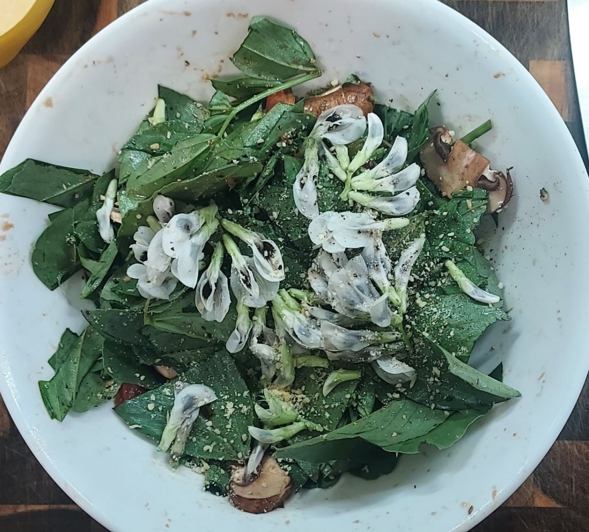 A salad of fava leaves, tomato, and mushrooms in a white bowl. The top is scattered with white fava flowers and grated parmesan.